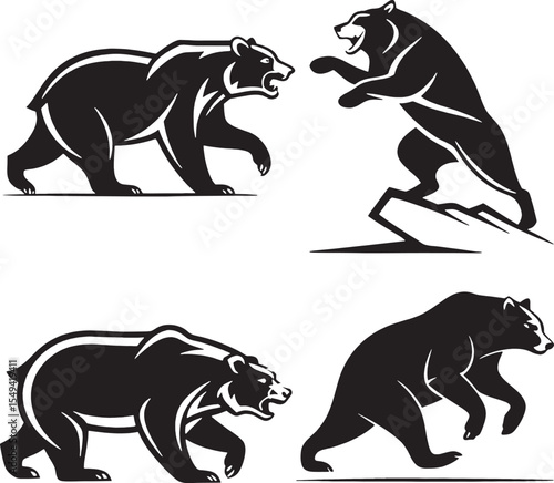 Set of four black bear silhouettes in various action poses — walking, roaring, and leaping. Great for versatile animal design projects or wildlife collections.
