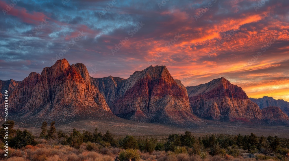 Fototapeta premium Towering red rock canyon carved by river under vivid sunset sky