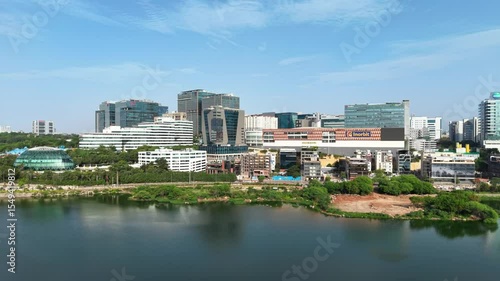 Hyderabad, India: Aerial view of modern office buildings skyline in capital and largest city of Indian state of Telangana - landscape panorama of South Asia from above

