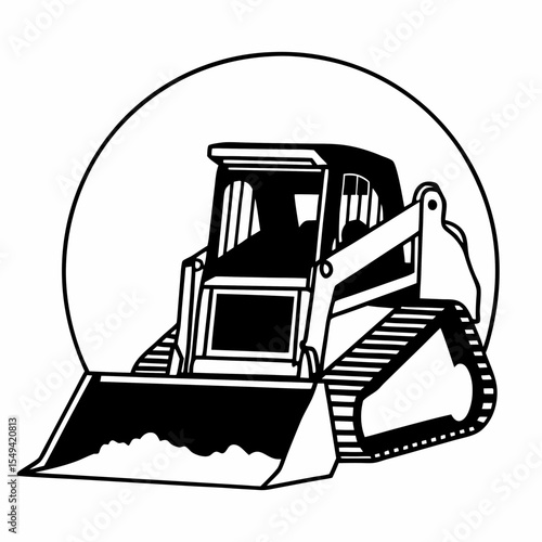 Skid steer loader vector illustration in black and white in a circle