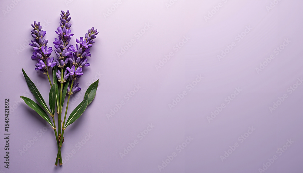 Obraz premium Lavender flowers arranged on soft purple background with greenery 