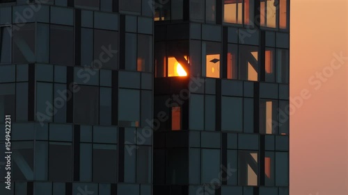 Office sunset. 4k aerial video with sun coming out trough the windows of a modern glass corporation skyscraper building. Sunset at work. Concept video for working after hours.