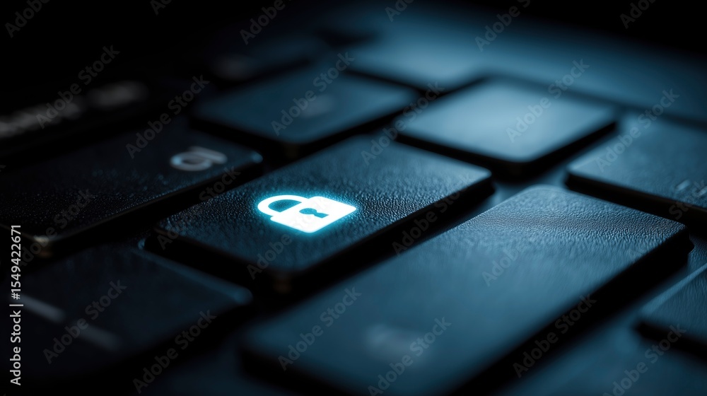 Glowing padlock symbol on keyboard key in dark setting Glowing padlock symbol on keyboard key in dark setting