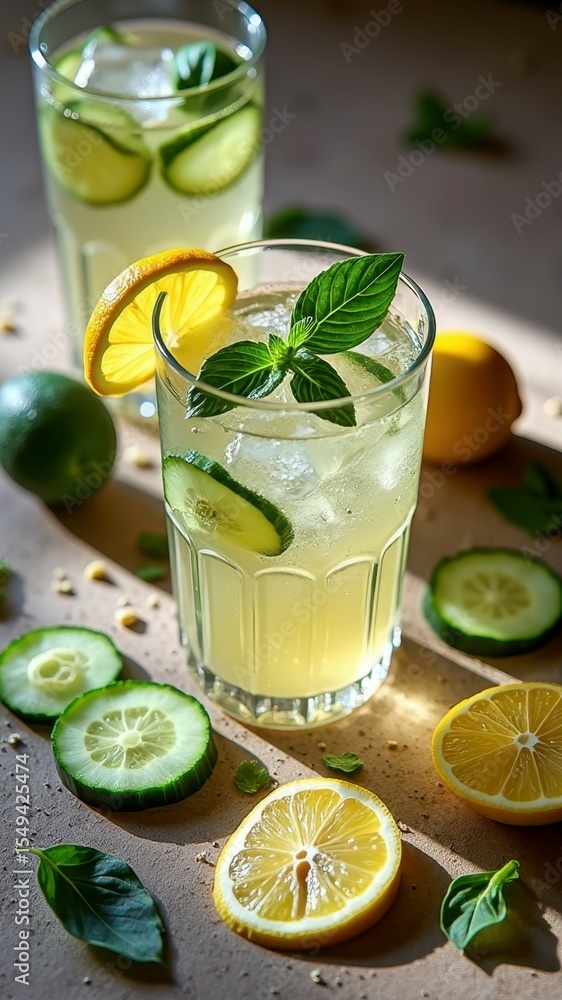 Fototapeta premium Refreshing lemon cucumber mint drink in sunlit glasses with ice and fresh garnishes