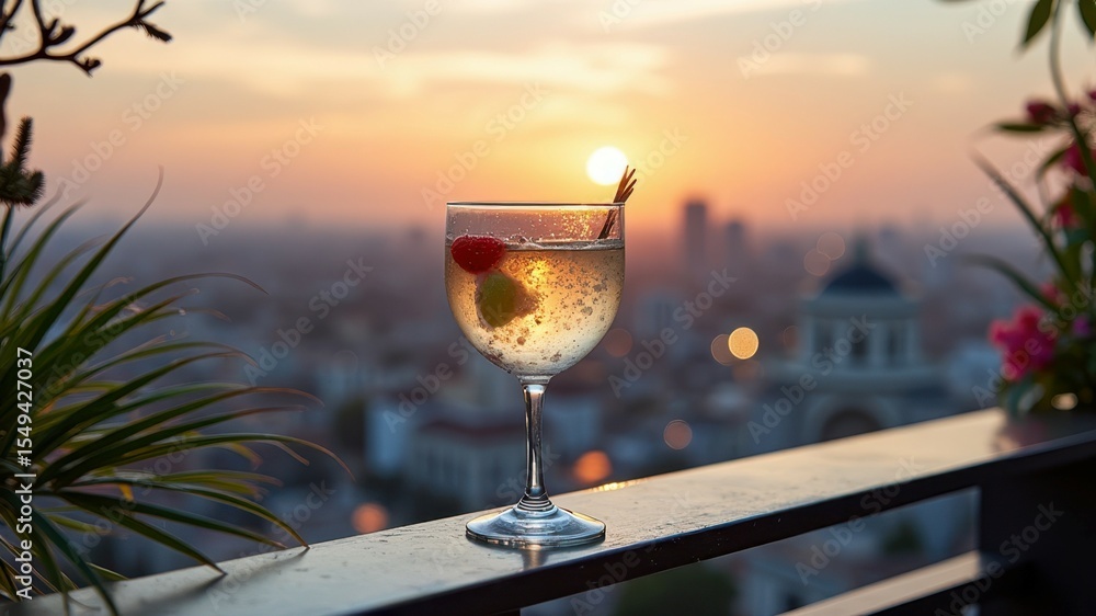 Obraz premium Elegant cocktail with sunset view on urban balcony