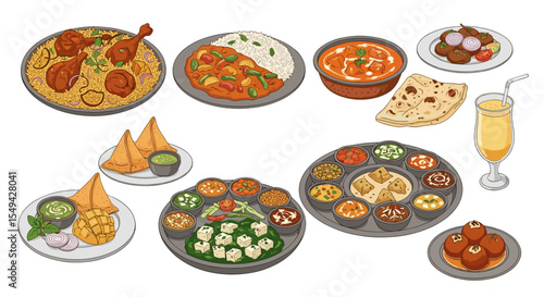 Illustration depicting a variety of indian dishes including biryani thali and samosas on plates