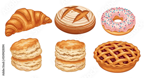 Illustration of assorted baked goods including a croissant bread donut biscuits and pie pastries 100