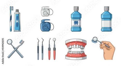 Illustration showcasing dental hygiene products and tools for oral care and maintenance routine