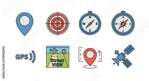 Illustration featuring gps navigation icons including map markers compasses and satellite imagery design
