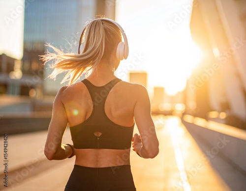 Kobieta w sportowym stroju idzie z tyłu po mieście, słuchawki, energiczny poranek