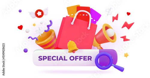3d special offer Shopping bag with confetti and loudspeaker Discounts for online shopping Promo codes Gift certificates Holiday sale concept