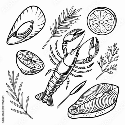 Hand drawn seafood illustration with lobster salmon mussel lemon and herbs