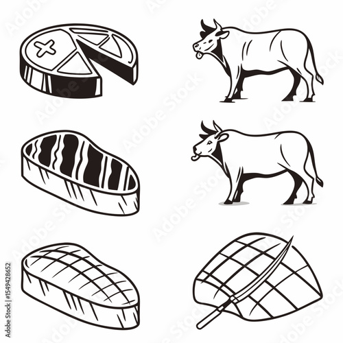 Black and White Vector Illustration of Beef Cuts and Cattle