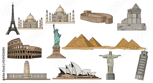 Illustration of famous world landmarks including eiffel tower and statue of liberty and many more