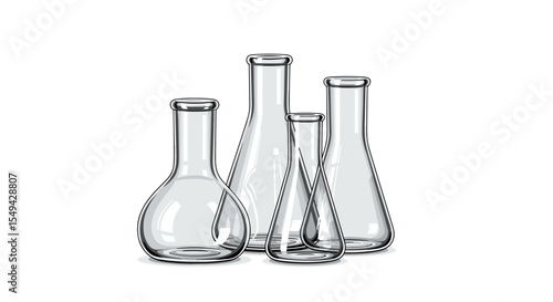 A collection of four glass laboratory flasks with various shapes and sizes on a white background