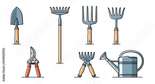Illustration of gardening tools including a shovel rakes shears and a watering can on a white background