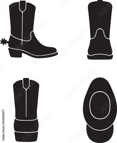 cowboy boots silhouette icons set side, front, back, and top views vector art illustration.