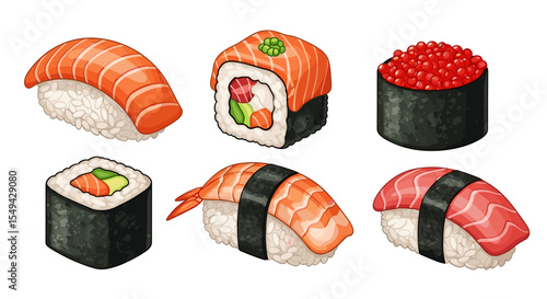 A colorful assortment of sushi featuring salmon, tuna, shrimp, and roe on a white background scene