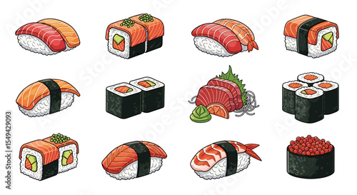 An assortment of various types of sushi and sashimi displayed in a visually appealing arrangement
