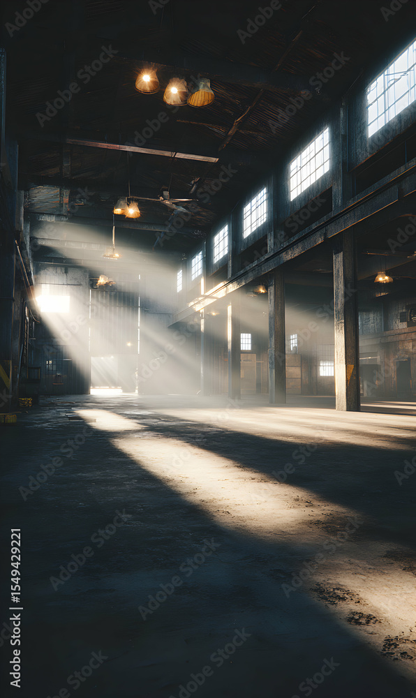 Fototapeta premium Sunlight streams into an expansive abandoned warehouse casting long shadows creating a dramatic and evocative scene for exploration