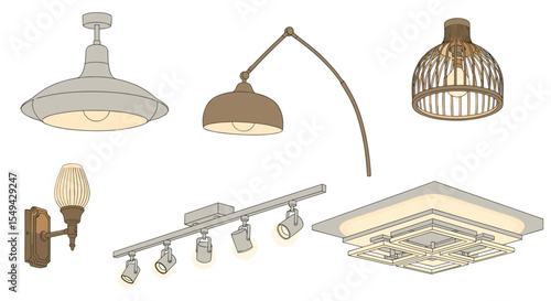 Illustration showcasing a variety of indoor lighting fixtures including pendant and track lights design