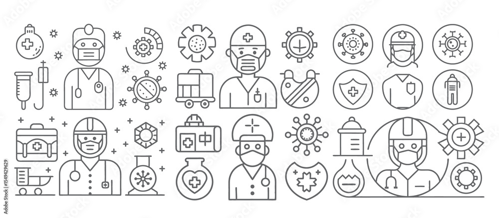 Fototapeta premium Medical Healthcare Symbols and Icons of Health Professionals and COVID-19 Elements 