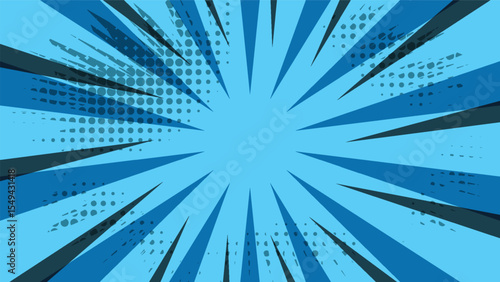 abstract blue comic background with rays and graphic dots