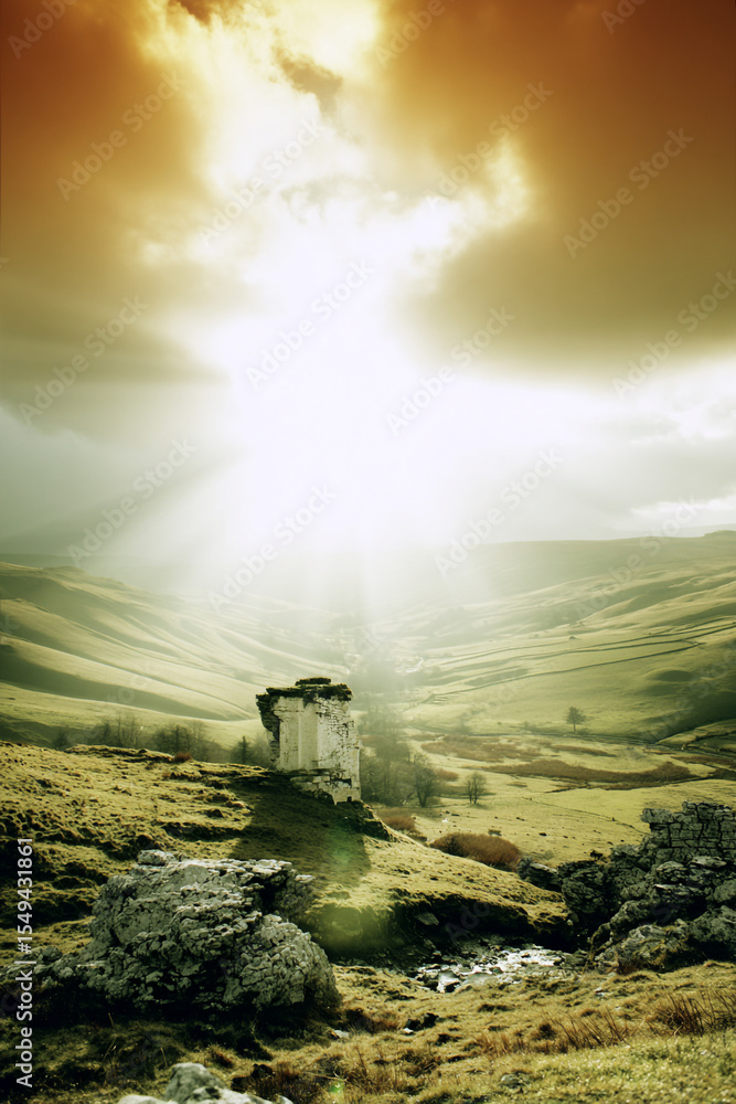 Obraz premium A landscape view of a ruined building on a hill with a bright sky and green rolling hills around it