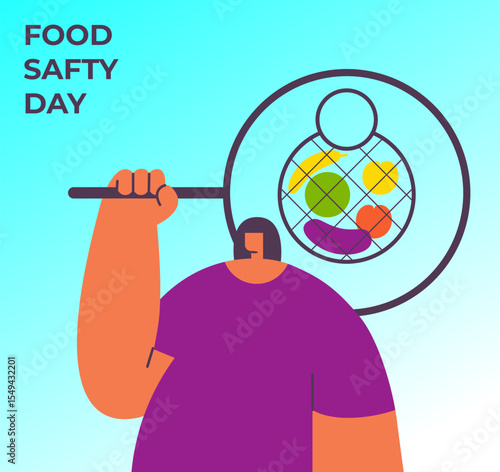 World Food Safety day. Searching girl. Foodborne risks. Flat vector illustration.