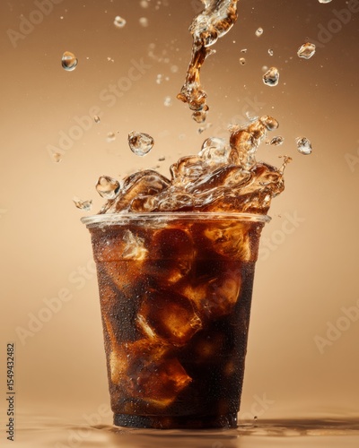 Close-up of caramel iced Americano coffee in a transparent plastic cup with swirling coffee and water texture, commercial beverage photography showcasing artisanal coffee craft, refreshing summer cold