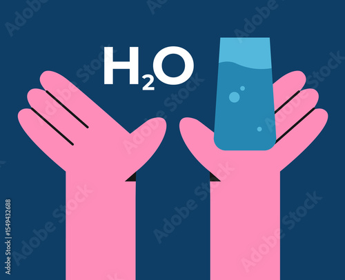 People hands and drinking clean fresh water. Healthy hydration with pure water liquid. Characters with glass. Flat vector illustration on white background.