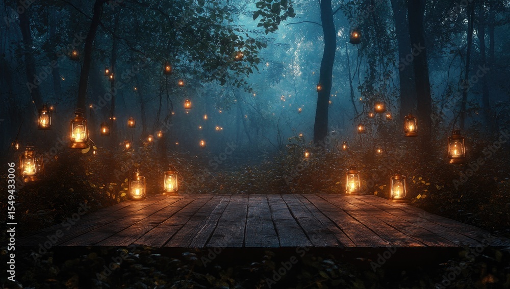 Naklejka premium Wooden platform in a mystical forest at night