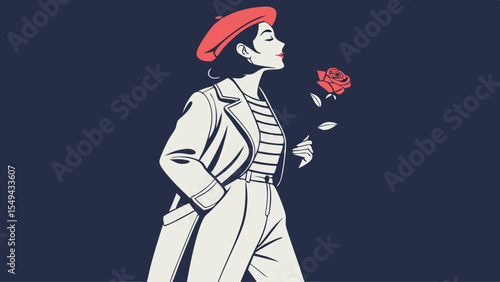 stylish woman with short dark hair, wearing a red beret and holding a rose, on a plain navy blue background vector illustration 