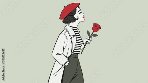 stylish woman with short dark hair, wearing a red beret and holding a rose, on a plain grey background vector illustration 