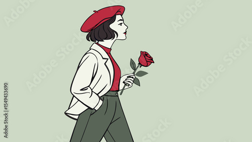 stylish woman with short dark hair, wearing a red beret and holding a rose, on a plain green background vector illustration 