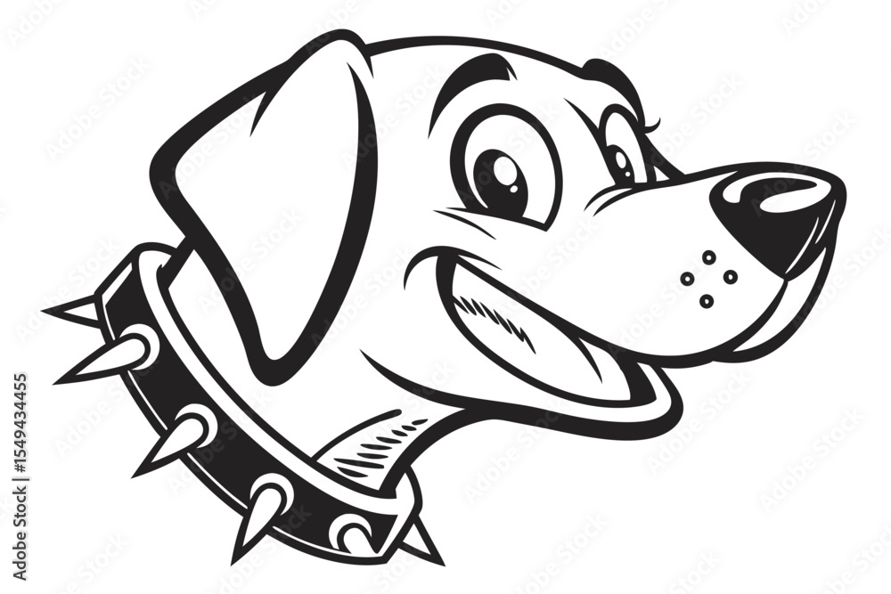 Obraz premium Cheerful cartoon dog with a spiked collar smirks, revealing its tongue in black and white
