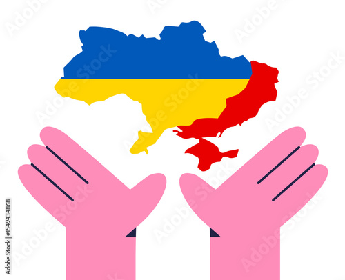 Vector map of Ukraine and territories occupied by Russia in human hands. State flag. Flat vector illustration.
