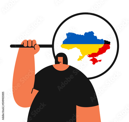 Vector map of Ukraine and territories occupied by Russia searching by girl. State flag. Flat vector illustration.