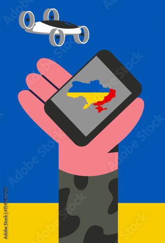 Vector map of Ukraine and territories occupied by Russia in app with drone. State flag. Flat vector illustration.