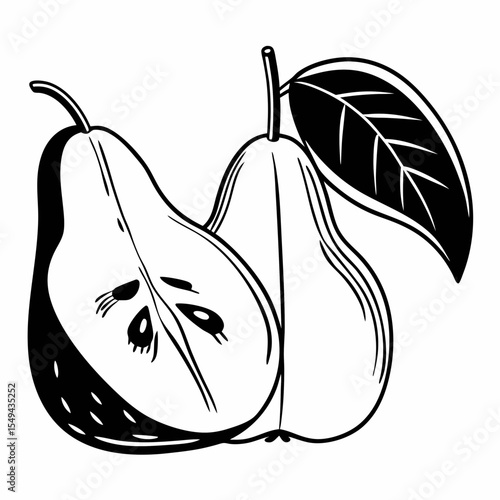 Elegant black and white line art illustration of two pears with leaf