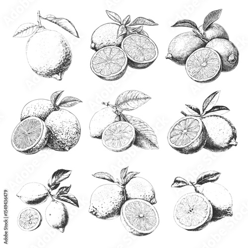 Lemon and citrus lemonade fruit in sketch outline with vector lime and line slice. Icon illustration with flower and zest. Vintage doodle art of tropical organic food.