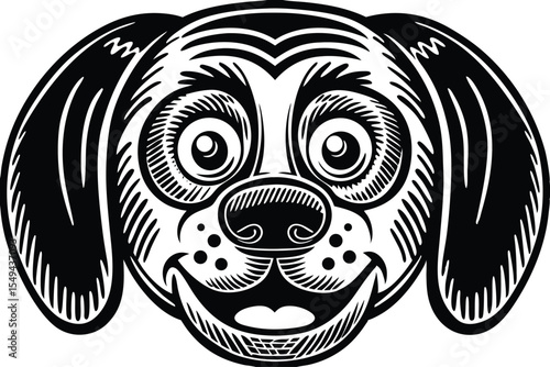 Cheerful puppy face illustration features expressive eyes and a happy smile in black and white