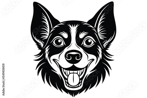The monochrome corgi head smiles widely, showing its tongue and happy expression beautifully
