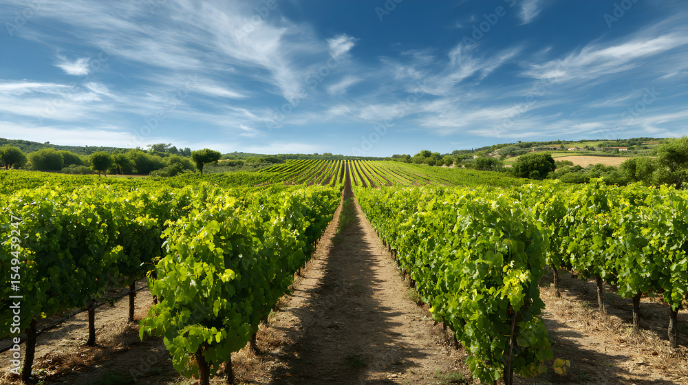 Obraz premium Serene vineyard landscape with rows of grapevines reaching towards a distant horizon under a vibrant blue sky