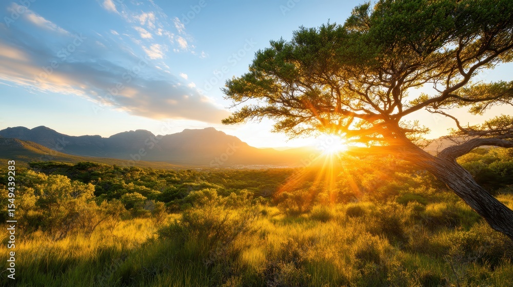 Fototapeta premium A stunning view of the sun setting behind majestic mountains, framed by vibrant flora, capturing the essence of serenity and the beauty of nature's unfolding landscapes.