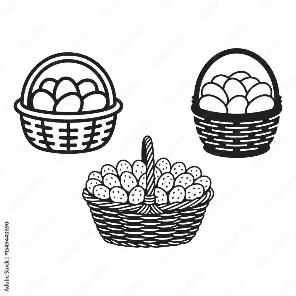 Fototapeta premium Three Blackand White Wicker Baskets Filled with Eggs Simple Line Art Graphic vector