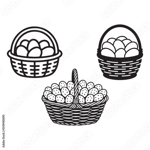 Three Blackand White Wicker Baskets Filled with Eggs Simple Line Art Graphic vector