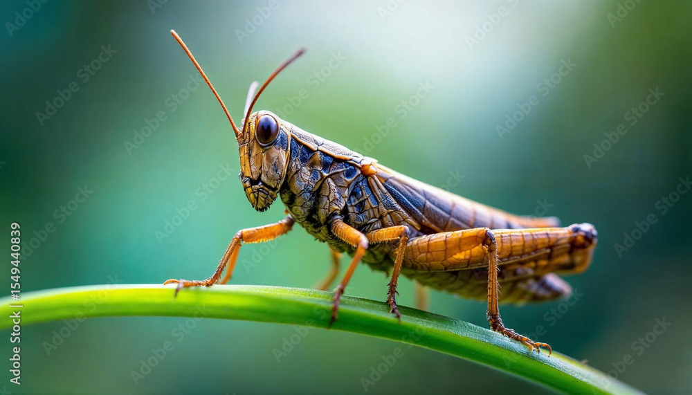 Fototapeta premium vibrant, high detail, macro, close-up, colorful grasshopper on leaf