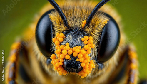 detailed macro photo of a furry honey bee's face, extremely close up