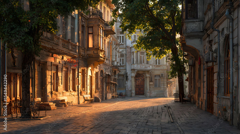 Obraz premium Sunlight paints the ancient city street with golden hues creating a sense of timeless urban beauty